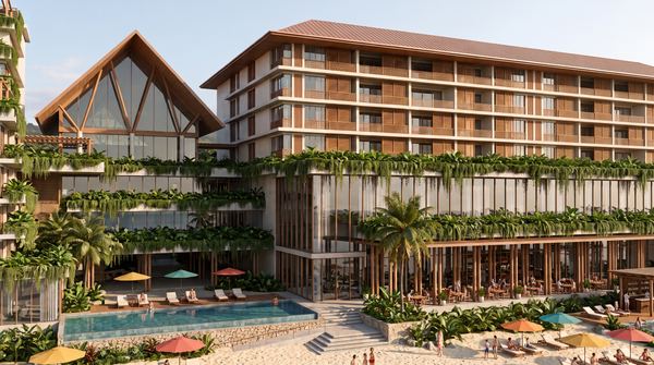 The hotel and pool deck in warm evening light