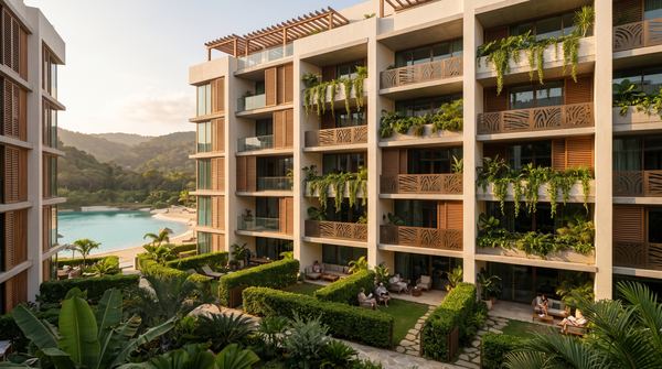 Residence balconies with gardens overlooking the lagoon
