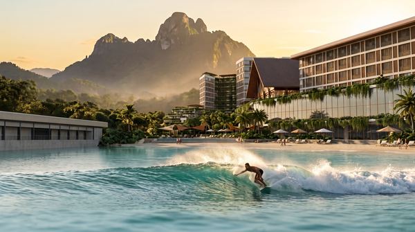 A surfer rides a lagoon wave with Cerro Trinidad behind