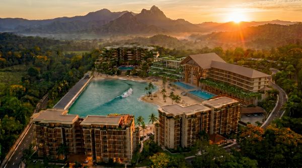Aerial view of the resort in the valley at sunset