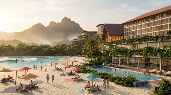 White-sand beach, umbrellas and pool beside the surf lagoon