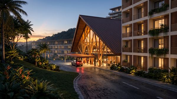 The hotel entrance lit at dusk