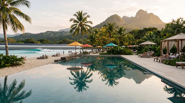 Reflecting pool with palms, cabanas and mountains