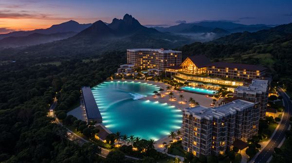 The resort and glowing lagoon at night