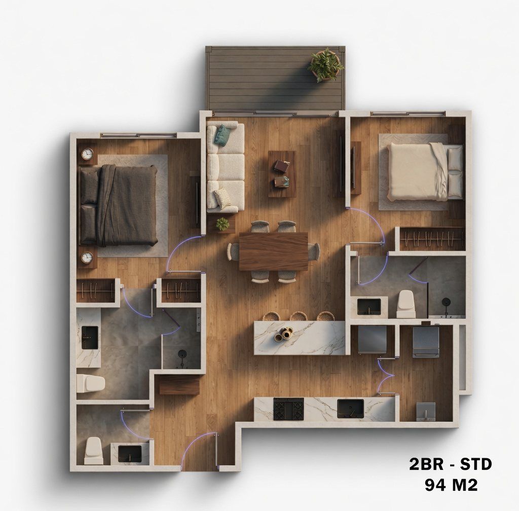 2-bedroom floor plan, 94 m²